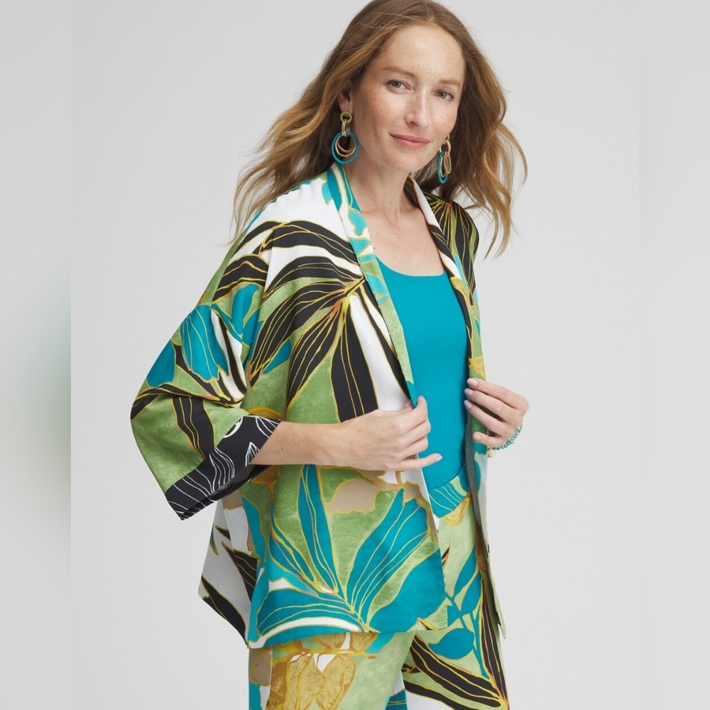 Chico's Santa Ponsa Palms Short Kimono Covering Ruana Sz L/XL Spanish Mo…
